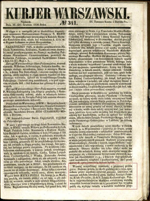 Kurjer Warszawski nr 341 z 26 grudnia 1856 r. str. 1- w ramce 1 cześć notatki na temat wrażeń po włączeniu oświetlenia gazowego. Fot. Biblioteka Uniwersytetu Warszawskiego