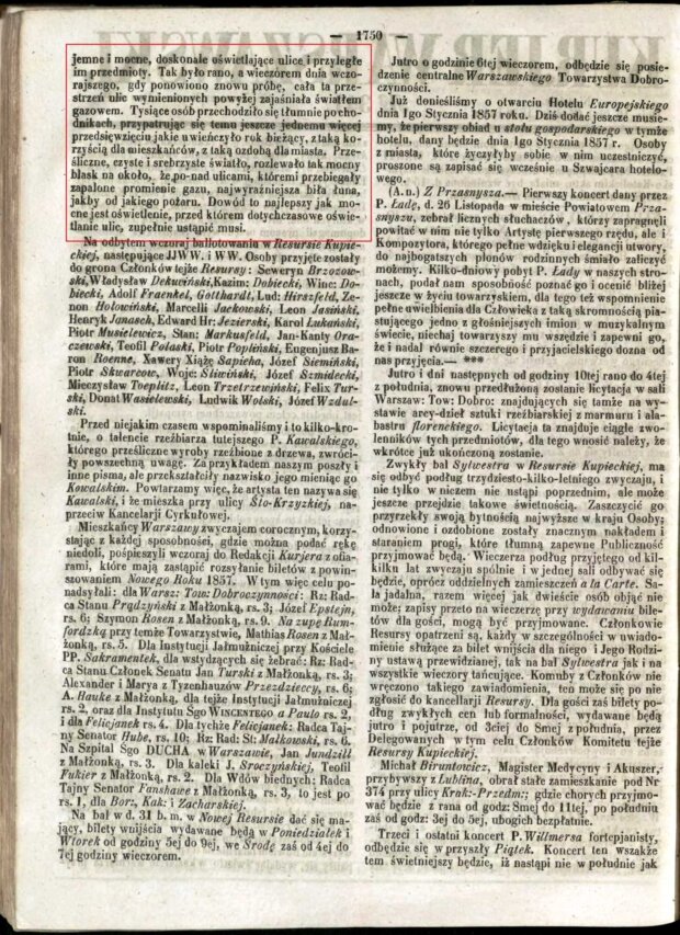 Kurjer Warszawski nr 341 z 26 grudnia 1856 r. str 2. - w ramce 2 cześć notatki na temat wrażeń po włączeniu oświetlenia gazowego. Fot. Biblioteka Uniwersytetu Warszawskiego