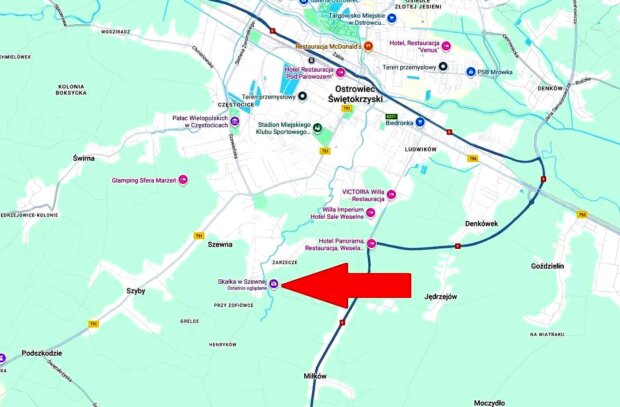 Sfinks Polski - umiejscowienie na mapie przy rzece Szewna i miejscowości Szewna pod Ostrowcem Świętokrzyskim. Fot Google Maps