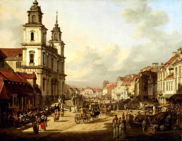 Krakowskie Przedmieście, ulica w Warszawie. Obraz Bernardo Canaletta, na którym w tle widoczna jest dawna brama UW. Bernardo Bellotto Canaletto (1722–1780), źr. Wikimedia