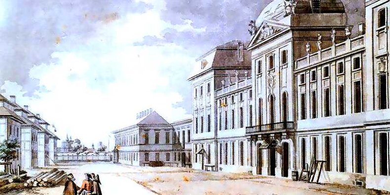 Widok pałacu Kadetów, dawniej Kazimierzowskiego. Akwarela na papierze, wysokość 32 cm, szerokość 48,8 cm, autor Zygmunt Vogel (Muzeum Narodowe w Warszawie)