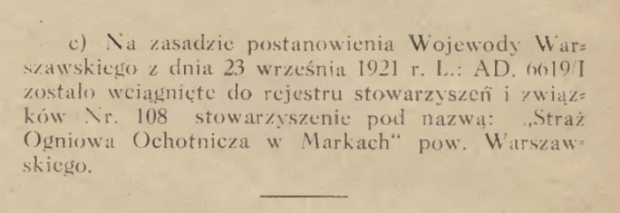 Rejestracja stowarzyszenia ”Straż Ogniowa Ochotnicza w Markach”. Źr. arch. autora