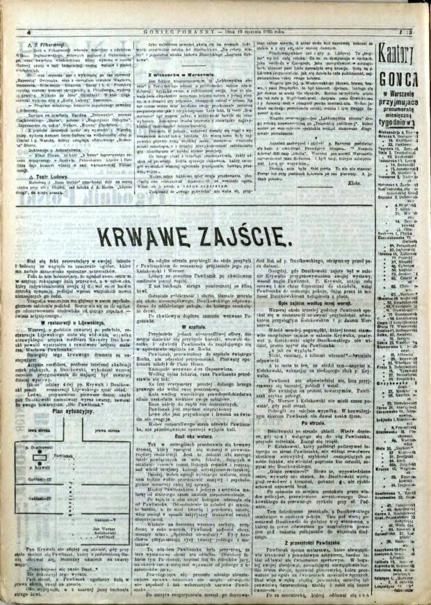 Opis nieszczęsnego zdarzenia - w restauracji Lijewskiego. Goniec Poranny, 19-01-1905 r. 1 strona. Fot. CRIPSA.UW.EDU.PL