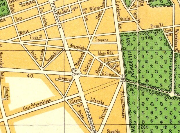Plan Warszawy - fragment z ok. 1939 roku. Źr. Biblioteka Narodowa
