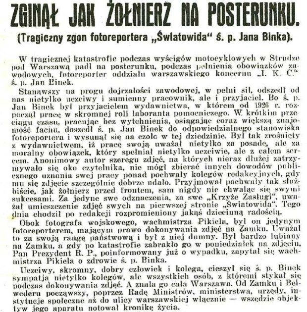 Artykuł prasowy z czasopisma „Światowid” z dn. 11.05.1935 r. nr 19/561, wspominający Jana Binka fotoreportera Światowid, który zginął w trakcie wyścigu. Fot. arch. autora