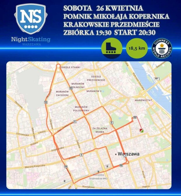 Mapa przejazdów rolkarzy - 26 kwietnia 20025 r. Fot. Organizator