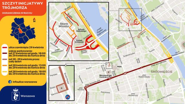 Mapa utrudnień w ruchu - Szczyt Inicjatywy Trójmorza - zmiany w ruchu i parkowaniu. Fot. UM Warszawy