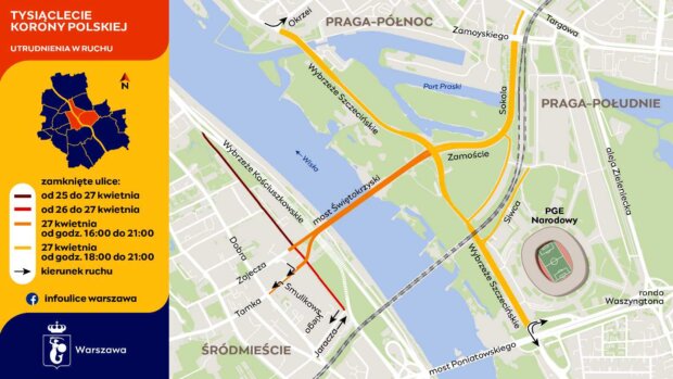 Mapa utrudnień w ruchu - Tysiąclecie Korony Polskiej - zmiany w ruchu. Fot. UM Warszawy