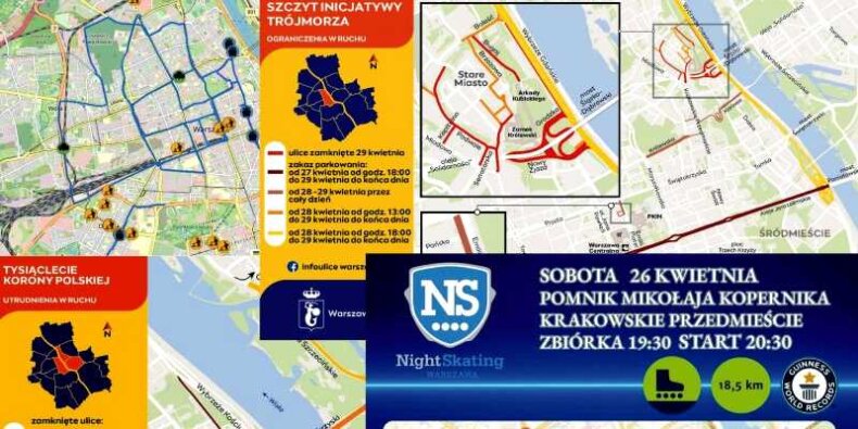 Rekreacja i polityka na warszawskich ulicach. Zlepek grafik z mapami. Fot. Warszawa.pl