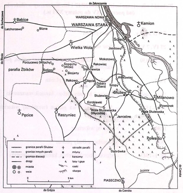 Mapa okolic z XV w. - widoczne Szopy. Oprac. Ewa Rutkowska. Źródło M. Piber, Służew średniowieczny. Dzieje parafii i wsi Służew w ziemi warszawskiej, Warszawa 2001. Fot. arch. autorki
