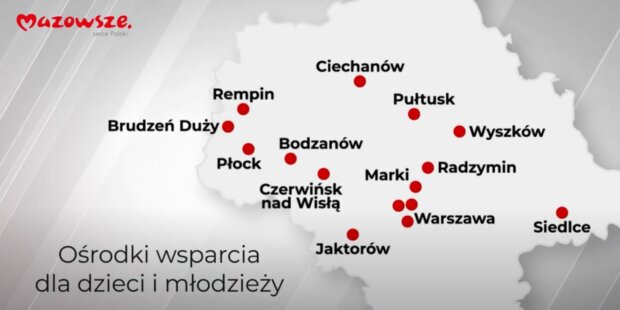 Mapa rozmieszczenia ośrodków wsparcia psychicznego dla dzieci i młodzieży. Fot. UMWM