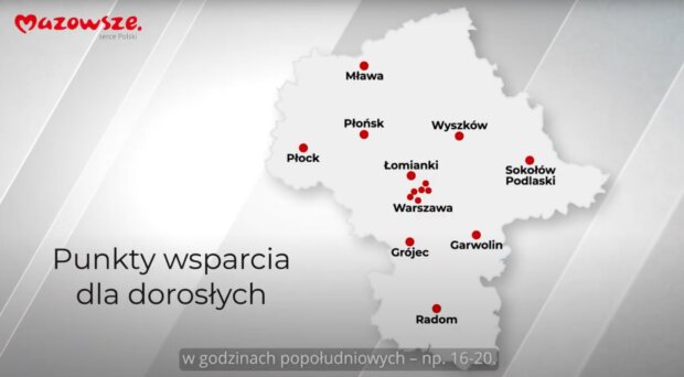 Mapa rozmieszczenia punktów wsparcia psychologicznego dla dorosłych.. Fot. UMWM