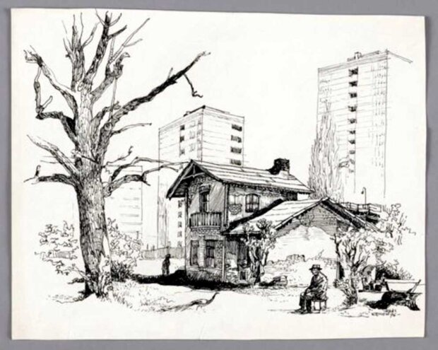 'Pawiówka' - rys. Marek Stępień, tusz na papierze, 1976 r. Zbiory Muzeum Warszawy. Fot. arch. autorki