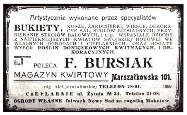 Reklama prasowa F. Bursiaka. Źródło J. Kasprzycki, Korzenie miasta. Warszawskie pożegnania, t. 4 - Mokotów i Ochota, Warszawa 2004, s. 54. Fot. Arch. autorki