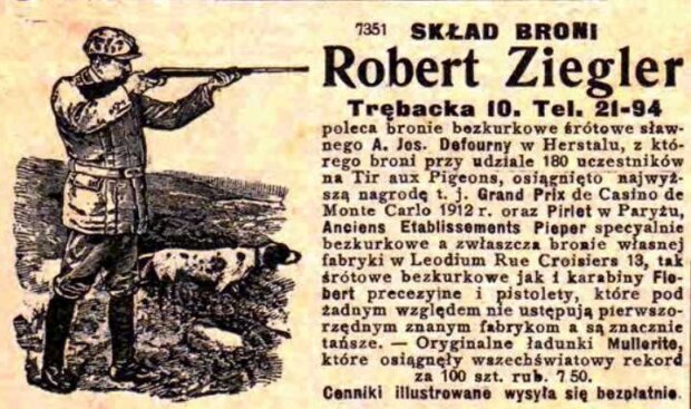 Reklama sklepu z bronią - Skład Broni i Amunicji Robert Ziegler, Warszawa, lata dwudzieste XX wieku. Fot. arch. autora