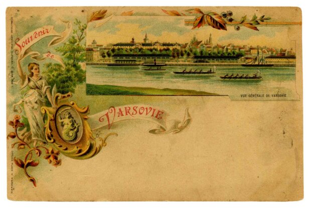 Pocztówka warszawska z 1898 roku - Widok z Pragi na Stare Miasto w Warszawie. Litografia, wydawnictwo Ottona Flecka. Fot. arch. autora