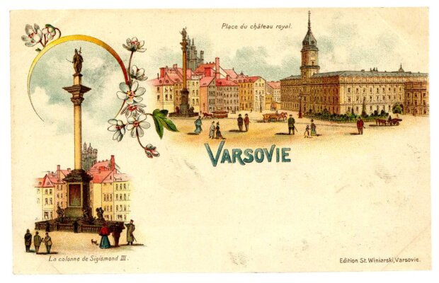 Pocztówka warszawska z 1899 roku - Plac Zamkowy i Kolumna Zygmunta III Wazy, litografia 1899 rok. Wydawnictwo Stanisława Winiarskiego. Fot. arch. autora