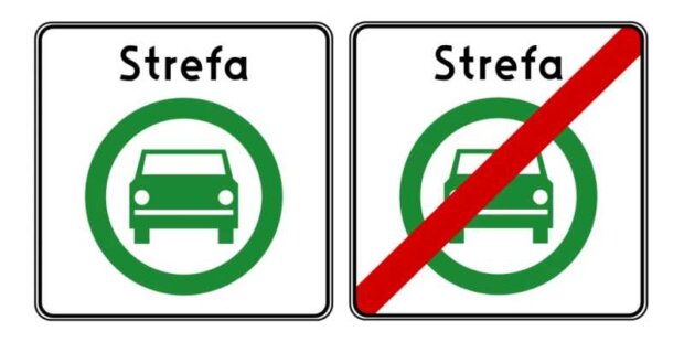 Strefa czystego transportu - znaki drogowe Znak D-54 i D-55. Fot. Internet