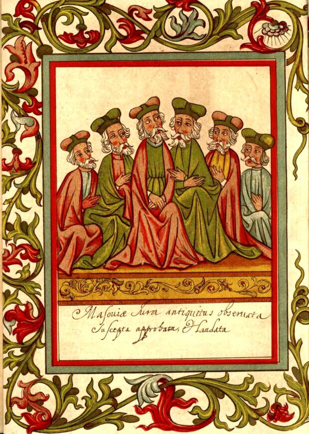 Książęta Mazowieccy - z ''Prawa książąt mazowieckich przełożone na język polski przez Macieja z Rożana r. 1450'', Poznań, 1877, sygn. 33623, domena publiczna. Fot. UMWM