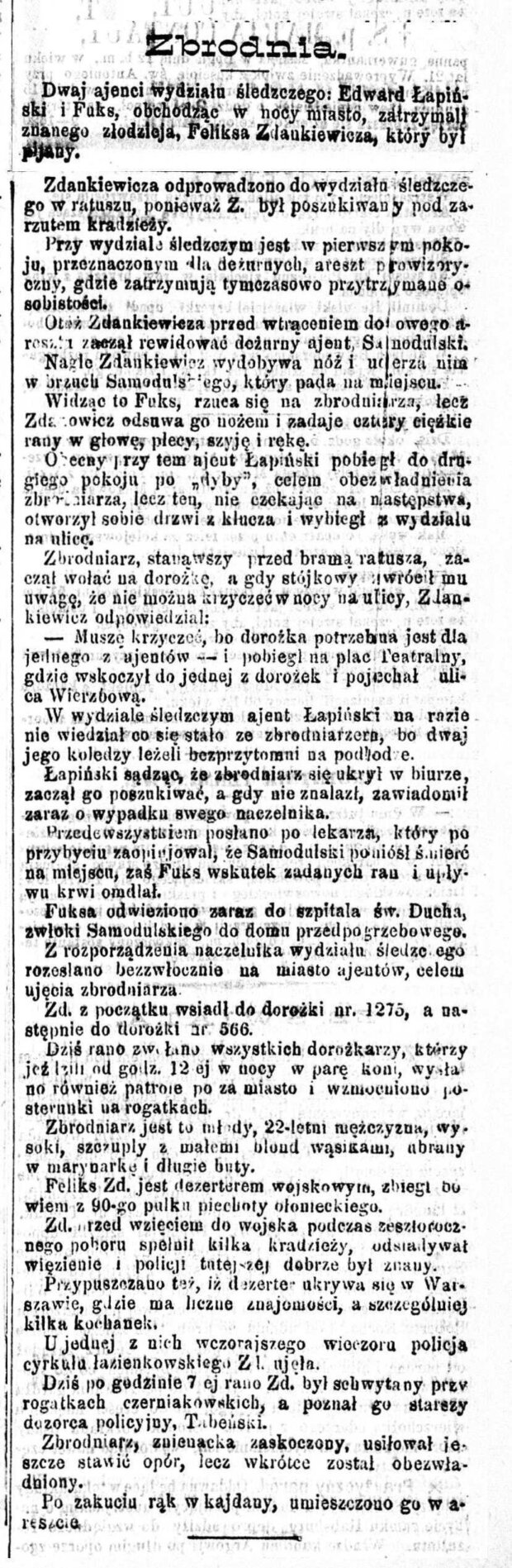 Zbrodnia - Kurjer Warszawski R.70, nr 344 (13 grudnia 1890). Fot. Polona