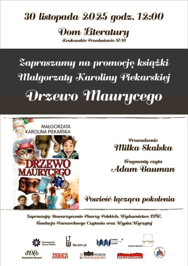 Drzewo Maurycego - plakat promujący spotkanie autorskie. Fot. Mat. prasowy