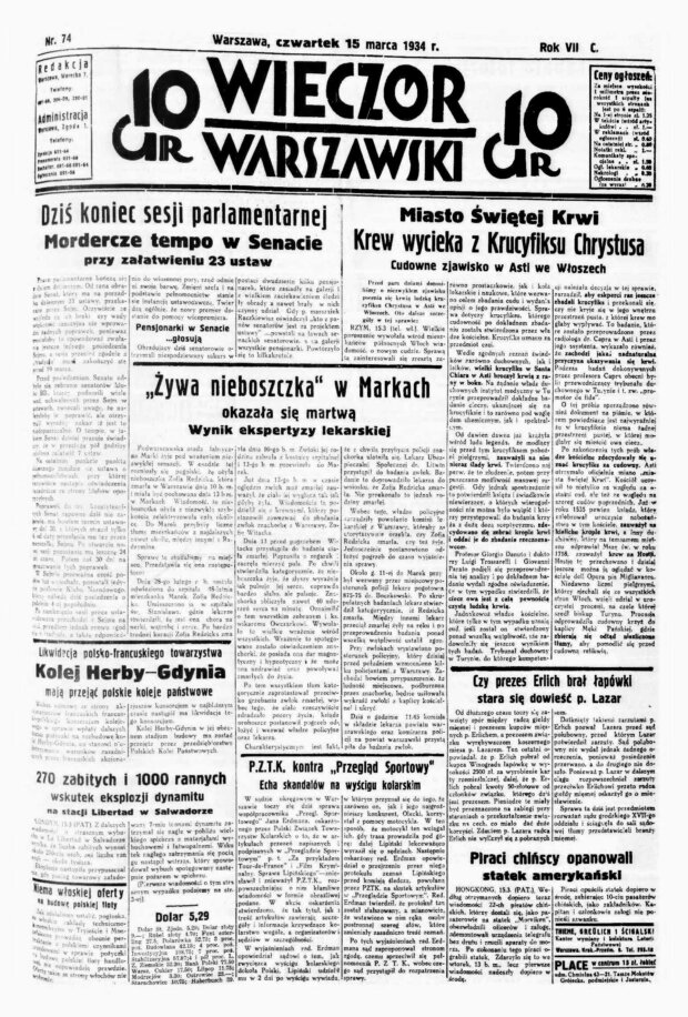 Wieczór Warszawski - z dn. 15.03.1934 r. Nr 74. Fot. BUW