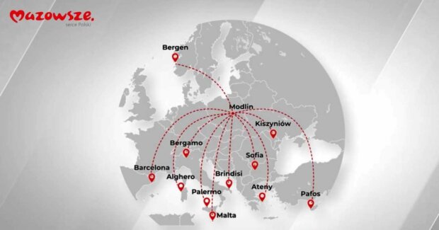 Kierunki lotów z Modlina - grafika. Fot. UMWM
