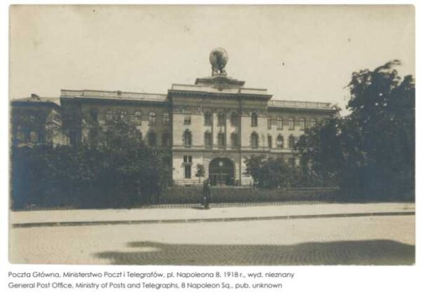 Karta pocztowa - Poczta Główna, Ministerstow Poczt i Telegrafów, Warszawa, pl. Napoleona, 1918 r. Fot. arch. autora