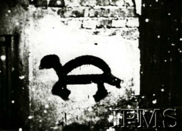 Żółw na ścianie budynku przy warszawskiej ulicy - rysunek malowany na murach od końca 1941 r. Fot. NN, źr. Instytut Polski i Muzeum im. gen. Sikorskiego w Londynie