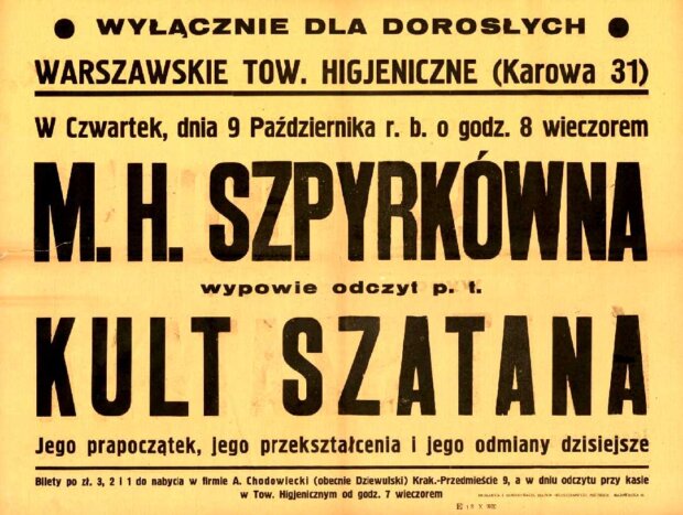 Kult Szatana - biletowany odczyt Marii Szpyrkówny w Warszawskim Towarzystwie Higjenicznym przy ul. Karowej 31. Fot. Polona