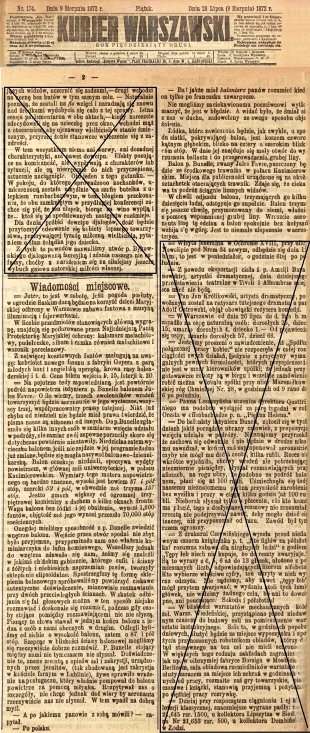 Kurjer Warszawski - zapowiedź startu balonu z 9 sierpnia 1872 r. Fot JBC UJ
