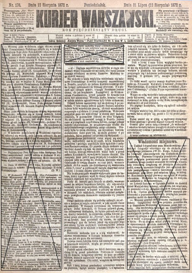 Kurjer Warszawski - relacja ze startu balonu z 12 sierpnia 1872 r. Fot JBC UJ