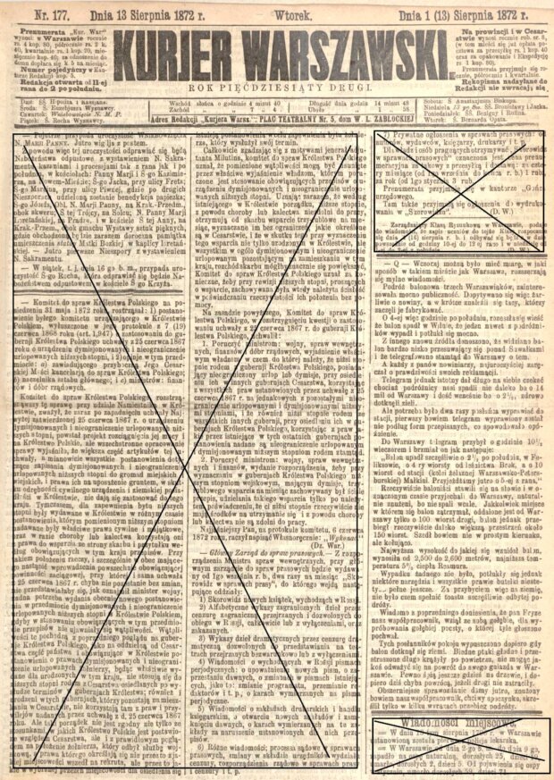 Kurjer Warszawski - informacje z lotu balonem z 13 sierpnia 1872 r. Fot JBC UJ