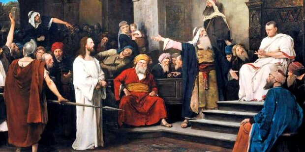 Jezus przed Piłatem - obraz z 1881 r. ze zbiorów Węgierskiej Galerii Narodowej, autor Mihály Munkácsy. Źr. Wikipedia