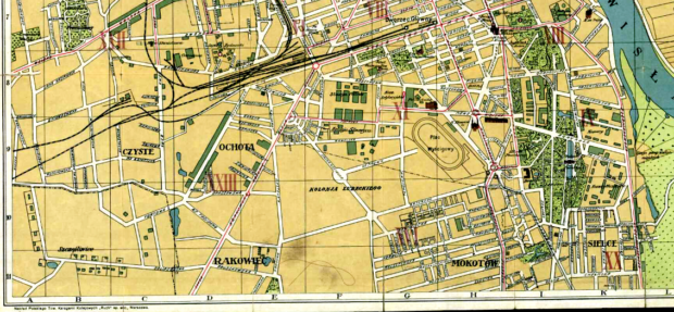 Tor wyścigów na Polu Mokotowskim - zaznaczony na Planie miasta stołecznego Warszawy w 1926 r. Źr. Polona
