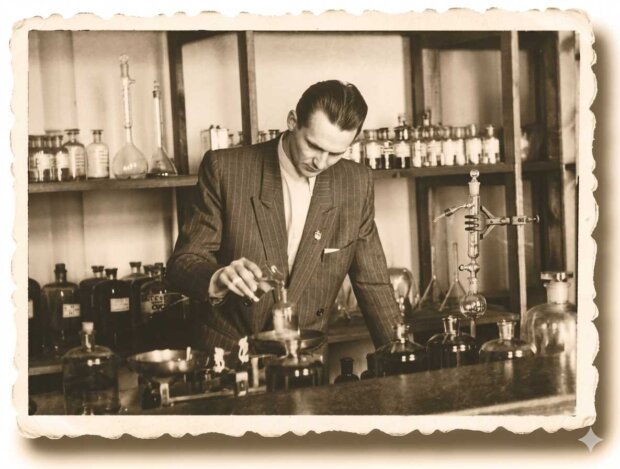 Ignacy Soszynski - w laboratorium swojej firmy. Zdjęcie wyostrzone oprogramowaniem Nano Banana. Fot. Arch. rodziny