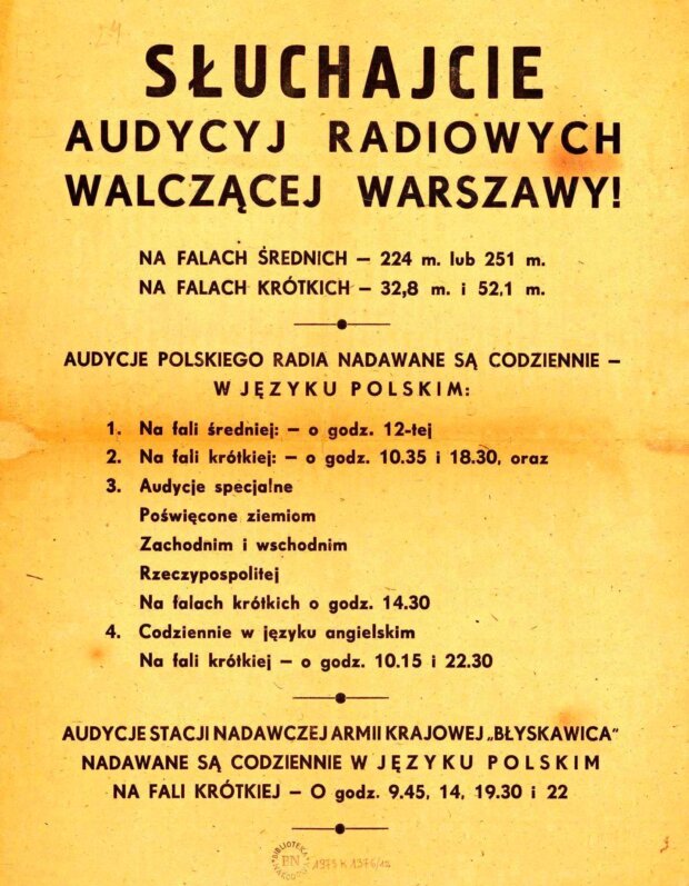Plakat - zachęcający do słuchania powstańczych audycji radiowych. Fot. źr. Polona