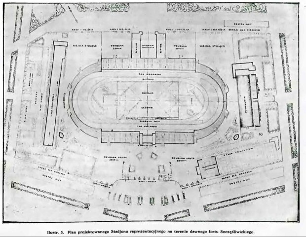 Plan projektowanego Stadionu reprezentacyjnego - na terenie dawnego Fotu Szczęśliwickiego. Źr. Kronika Warszawy, 5, 1928. Fot. Kronika Warszawy