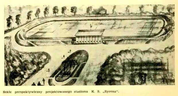 Szkic perspektywiczny projektowanego stadionu K.S. Syrena w 1948. Fot. arch. MSiT