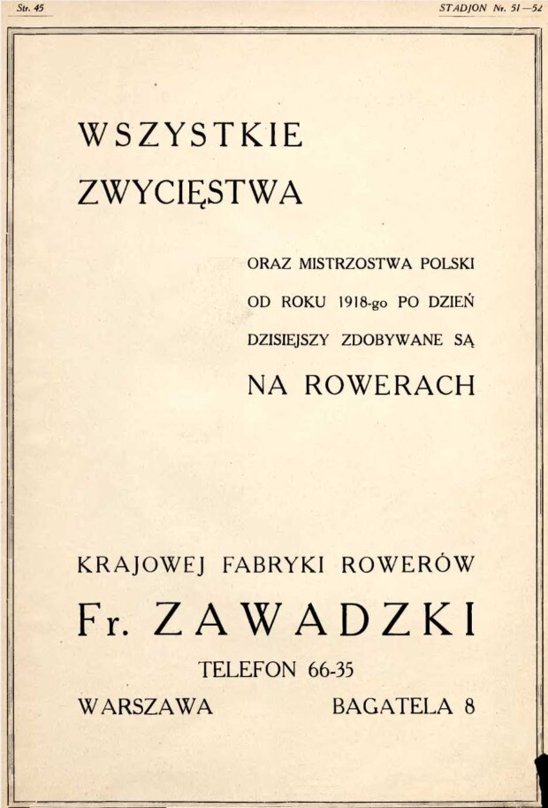 Reklama firmy Franciszka Zawadzkiego w piśmie Stadjon nr 51-52 z 1924 r. Fot. arch. MSiT