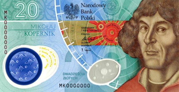 Awers banknotu kolekcjonerskiego 20 zł z Mikołajem Kopernikiem. Fot. NBP
