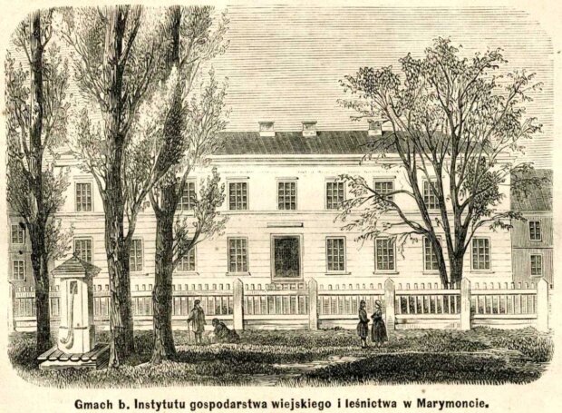 Gmach byłego Instytutu Gospodarstwa Wiejskiego i Leśnictwa w Marymoncie - rysunek z 1869 roku. Fot. Wikimedia