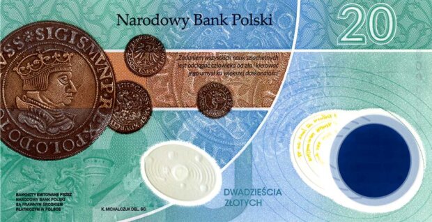 Rewers banknotu kolekcjonerskiego - 20 zł z Mikołajem Kopernikiem. Fot. NBP