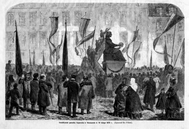 Uwieńczenie pomnika Kopernika w Warszawie dnia 4 lutego 1873 r. Rysował Ks. Pillati, Opublikował Kurier Ilustrowany nr 270 z 1 marca 1873 r. Kurier Ilustrowany