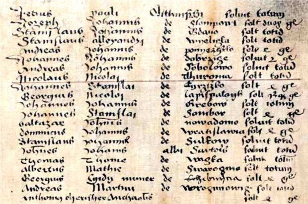 Wpis braci Koperników do metryki uniwersyteckiej - w semestrze zimowym 1491-1492. Ze zbiorów Muzeum UJ. Fot. MUJ