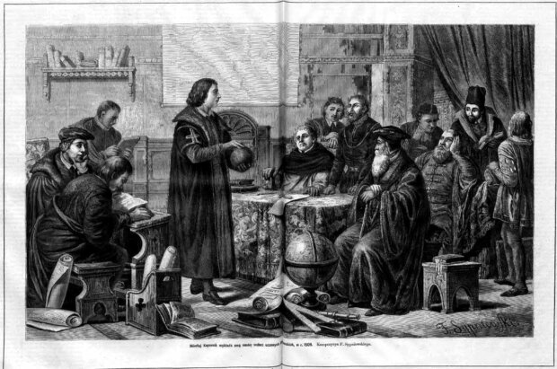 Wykład Mikołaja Kopernika wobec uczonych krakowskich w 1509 roku wg. F. Sypniewskiego. Źr. Tygodnik Ilustrowany nr. 262 z 1876 r.