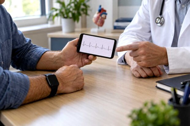 Zapis EKG z zegarka kardiologicznego (kardio-smart-watcha) prezentowany na smartfonie - obrazek wygenerowany przez AI. Fot. Dr MJ