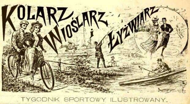 Kolarz, wioślarz, łyżwiarz - ozdobna winieta pisma ''Kolarz, Wioślarz i Łyżwiarz - Tygodnik Sportowy Ilustrowany''. Fot. arch. autorki